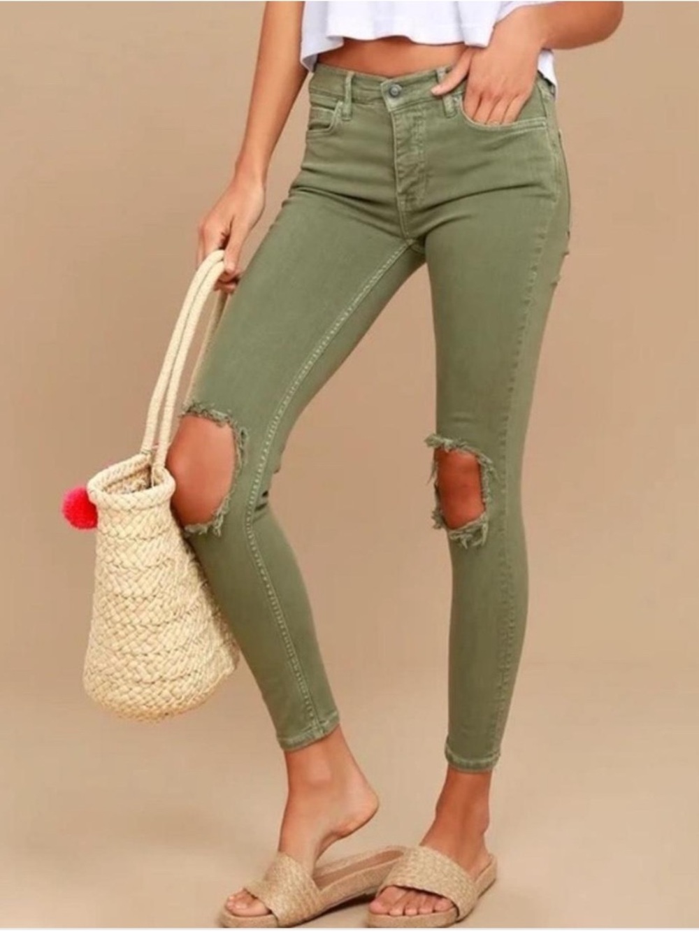 Free People Olive Green Distressed High-Rise Skinny Jeans